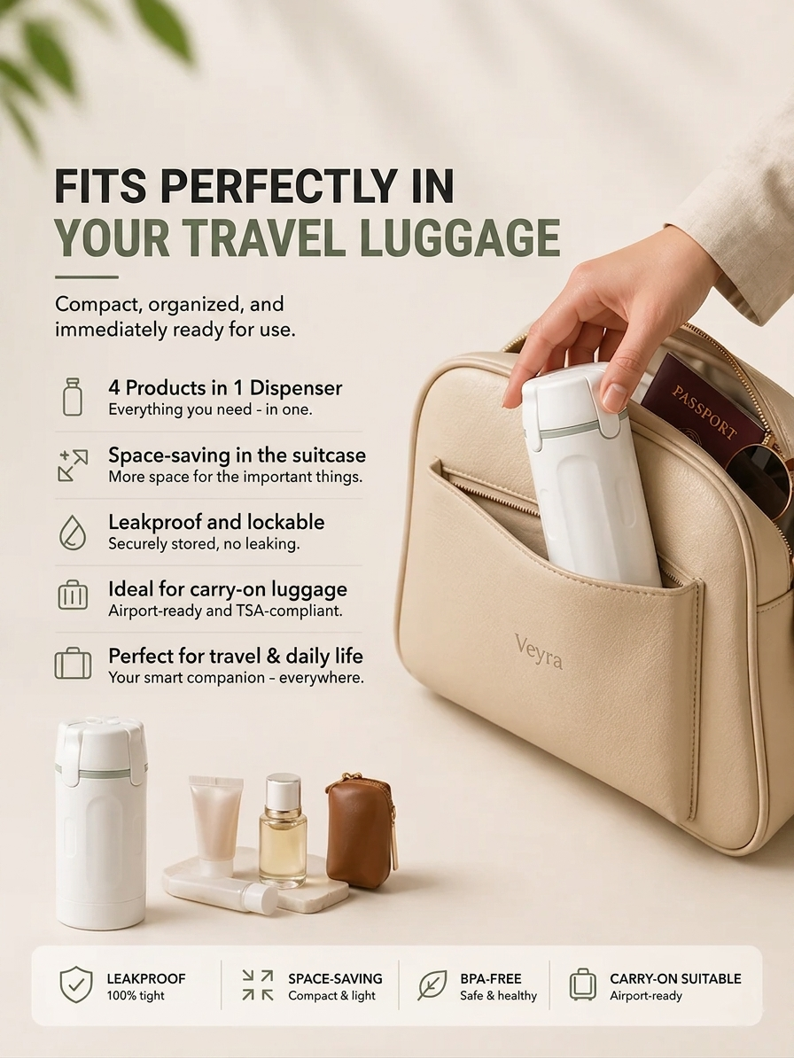 4-in-1 Travel Dispenser — Leak-Proof Refillable Toiletry Set for Travel, Gym & Business