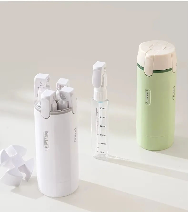 Open 4-in-1 travel dispenser with refill bottle