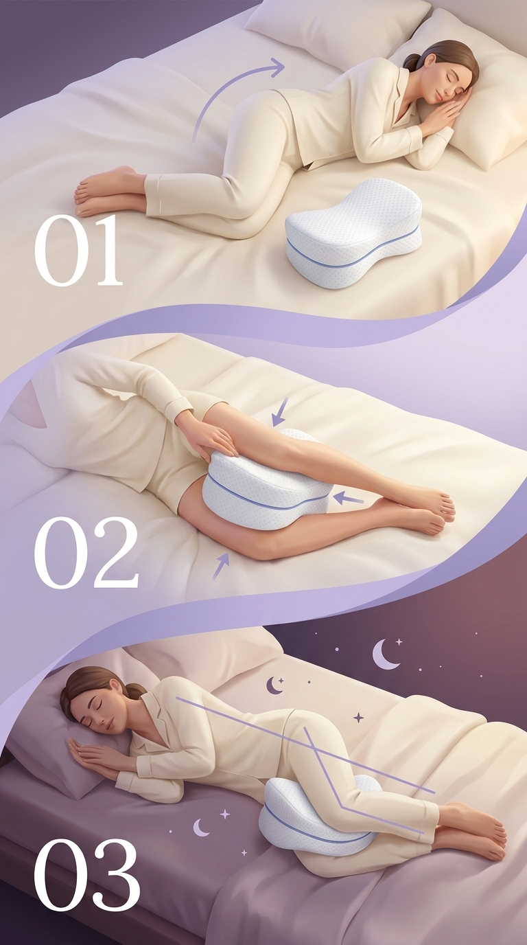Three steps showing how to position the Veyra pillow between the knees