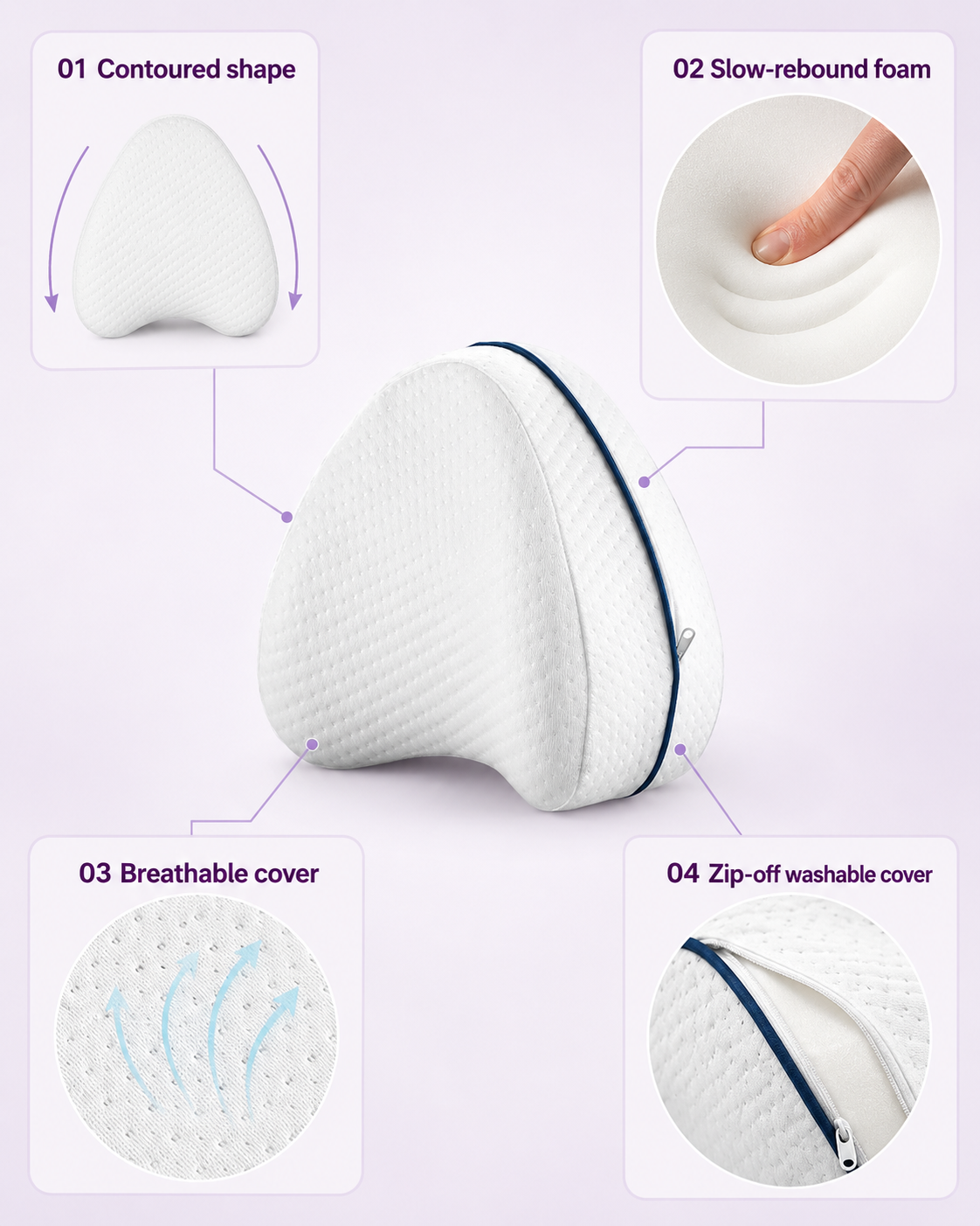 Veyra contoured leg pillow with memory foam, breathable fabric and removable cover