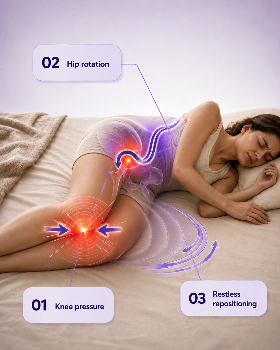 Side sleeper showing knee pressure, hip rotation and nighttime repositioning